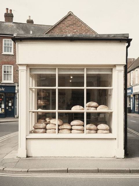 A bakery window with fresh loaves